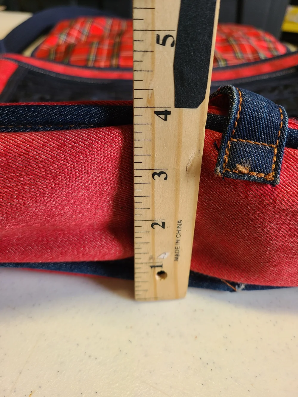 Vintage Tommy Hilfiger Red Denim Messenger Bag T Logo Plaid Lined Y2K